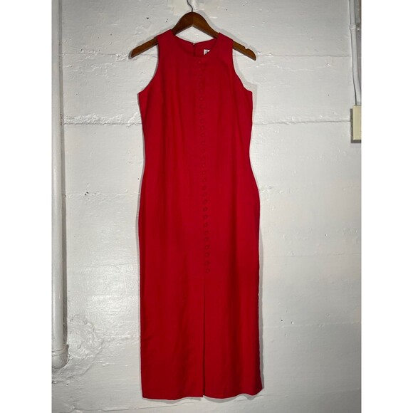 Vintage Jennifer Eden Red Sleeveless Maxi Dress Faux Button Slit High Neck 90s - Picture 2 of 16
